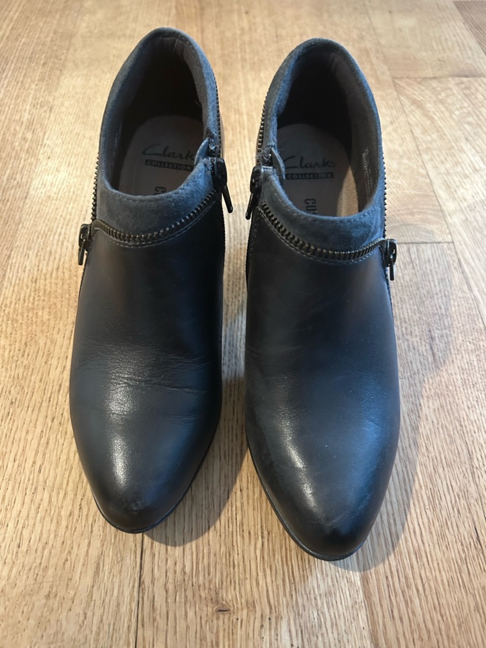 Clarks Black Leather Zip-Accent Block Heel Booties